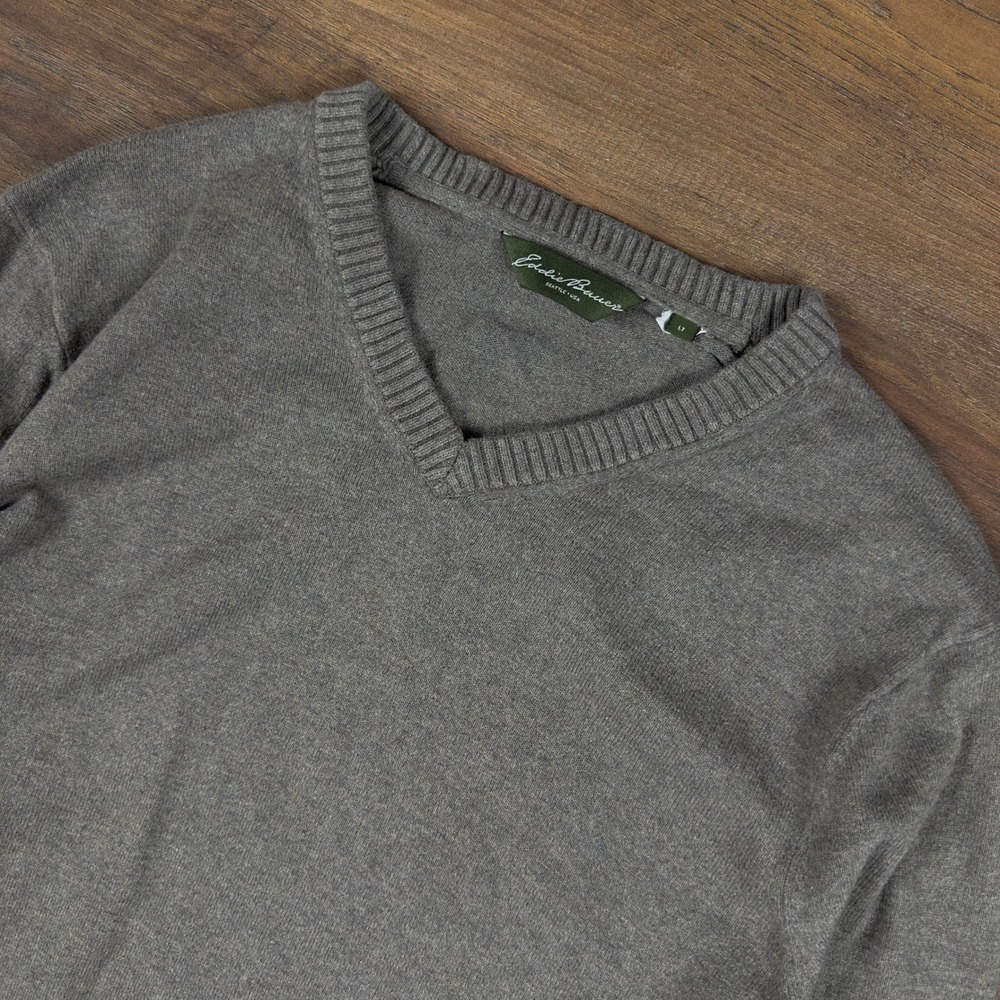 Eddie Bauer Mens V-Neck Sweater Gray Knit Pullover Long Sleeve Size LT Tall